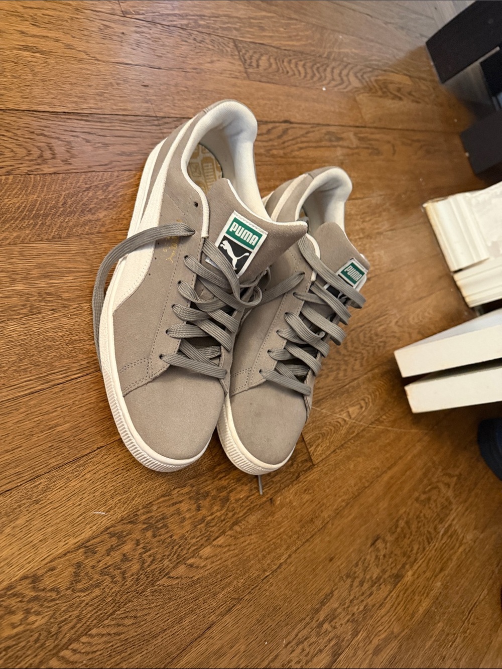 Size 13 men’s Puma Gray Suede Low-Top Sneakers with White Stripe